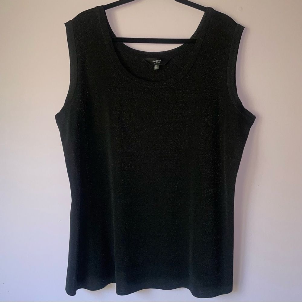 Misook 3X Double Scoop Neck Knit Tank Top Black Metallic Basic Essential